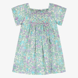 فستان بطبعة ورود وتطريز سموك لون أزرق للبنات