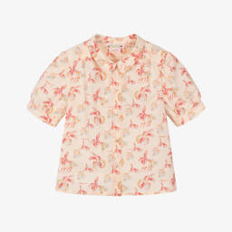 Girls Pale Peach Poplin Blouse with Cherry Print