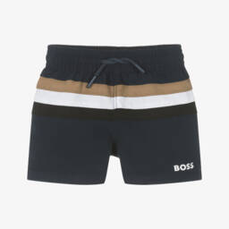 BOSS-Baby Boys Blue Tricolour Stripe Swim Shorts | Childrensalon