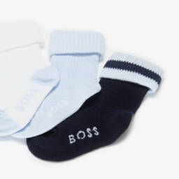 BOSS-Blue & White Cotton Baby Socks (3 Pack) | Childrensalon