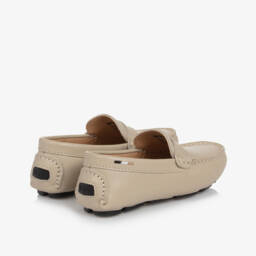 BOSS-Boys Beige Leather Moccasins | Childrensalon