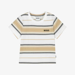 BOSS-Boys Beige Striped Cotton T-Shirt | Childrensalon