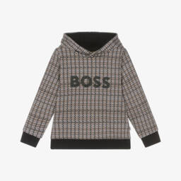 BOSS-Boys Black, Beige & White Checked Hoodie | Childrensalon