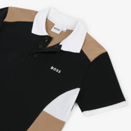 BOSS-Boys Black, Beige & White Colourblock Cotton Polo Shirt | Childrensalon
