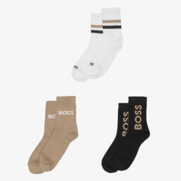 BOSS-Boys Black, Beige & White Knitted Ankle Socks (3 Pack) | Childrensalon