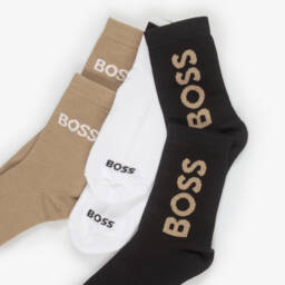 BOSS-Boys Black, Beige & White Knitted Ankle Socks (3 Pack) | Childrensalon