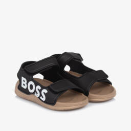 BOSS-Boys Black Faux Leather Sandals | Childrensalon
