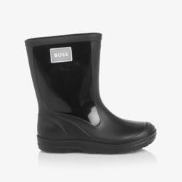 BOSS-Boys Black Rain Boots with Glossy Panels | Childrensalon