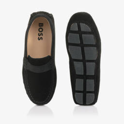 BOSS-Boys Black Suede Leather Loafers | Childrensalon