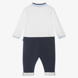BOSS-Boys Ivory & Navy Blue Cotton Romper with Polo Collar | Childrensalon