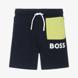 BOSS-Boys Navy Blue Cotton Shorts With Green Pocket | Childrensalon