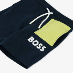 BOSS-Boys Navy Blue Cotton Shorts With Green Pocket | Childrensalon