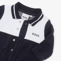 BOSS-Boys Navy Blue Velour Babygrow with Ribbed Collar | Childrensalon