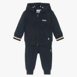BOSS-Boys Navy Blue Zip-Up Hooded Tracksuit | Childrensalon