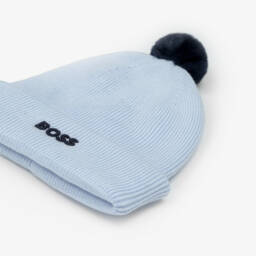 BOSS-Boys Pale Blue Knitted Cotton Pom-Pom Hat | Childrensalon