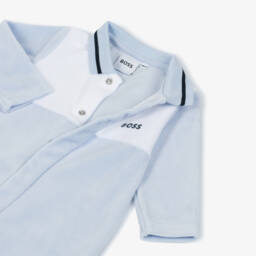 BOSS-Boys Pale Blue Velour Babygrow with Ribbed Collar | Childrensalon
