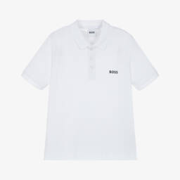 BOSS-Boys White Large Logo Cotton Polo Shirt | Childrensalon