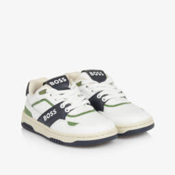BOSS-Boys White & Navy Blue Leather Trainers | Childrensalon