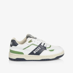 BOSS-Boys White & Navy Blue Leather Trainers | Childrensalon