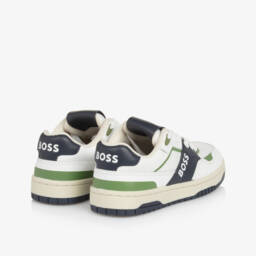 BOSS-Boys White & Navy Blue Leather Trainers | Childrensalon