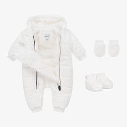 BOSS-White Hooded Baby Snowsuit | Childrensalon