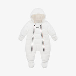 BOSS-White Hooded Baby Snowsuit | Childrensalon