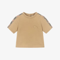Baby Boys Beige Cotton T-Shirt with Check Trim & EKD Logo
