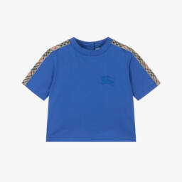 Baby Boys Blue Cotton T-Shirt with Beige Check Trim