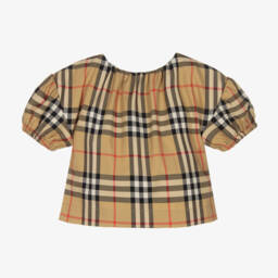 Burberry-Baby Girls Beige Cotton Check Blouse | Childrensalon