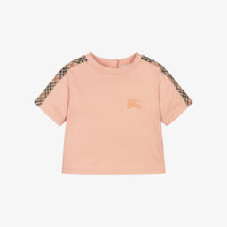Baby Girls Pale Pink Cotton T-Shirt with Check Detailing