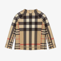 Burberry-Beige Check Baby Sun Protective Top | Childrensalon