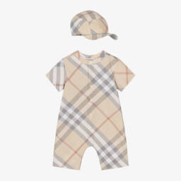 Burberry-Beige Check Cotton Babysuit Gift Set | Childrensalon