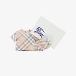 Burberry-Beige Check Cotton Babysuit Gift Set | Childrensalon