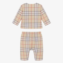 Burberry-Beige Check Cotton Quilted Trouser Set | Childrensalon