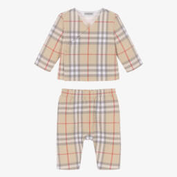 Burberry-Beige Check Cotton Quilted Trouser Set | Childrensalon