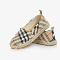 Burberry-Beige Check Cotton Twill Espadrilles | Childrensalon