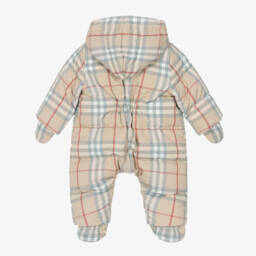 Burberry-Beige Check Down Padded Zip-Up Baby Snowsuit  | Childrensalon