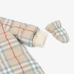Burberry-Beige Check Down Padded Zip-Up Baby Snowsuit  | Childrensalon