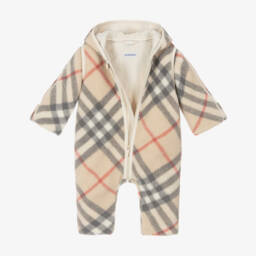 Burberry-Beige Check Fleece Baby Pramsuit | Childrensalon