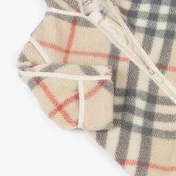 Burberry-Beige Check Fleece Baby Pramsuit | Childrensalon