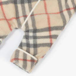 Burberry-Beige Check Fleece Baby Pramsuit | Childrensalon