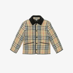 Burberry-Beige Check Quilted Jacket with Corduroy Collar | Childrensalon