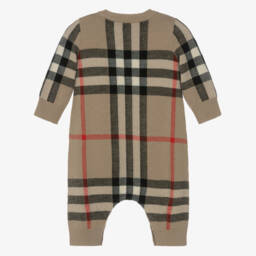 Burberry-Beige Check Wool & Cashmere Baby Romper | Childrensalon