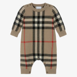 Burberry-Beige Check Wool & Cashmere Baby Romper | Childrensalon