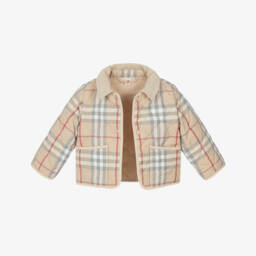 Burberry-Beige Checked Short Baby Jacket | Childrensalon