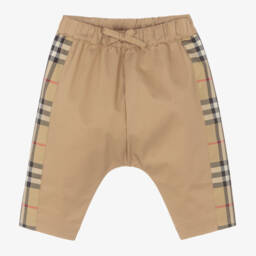 Burberry-Beige Cotton Checked Baby Trousers | Childrensalon