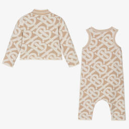 Burberry-Beige Monogram Baby Romper Gift Set | Childrensalon