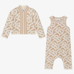 Burberry-Beige Monogram Baby Romper Gift Set | Childrensalon