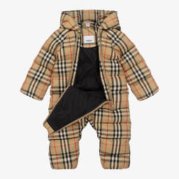 Burberry-Beige Vintage Check Down Baby Snowsuit | Childrensalon