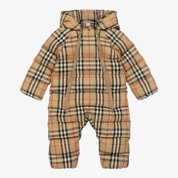 Burberry-Beige Vintage Check Down Baby Snowsuit | Childrensalon